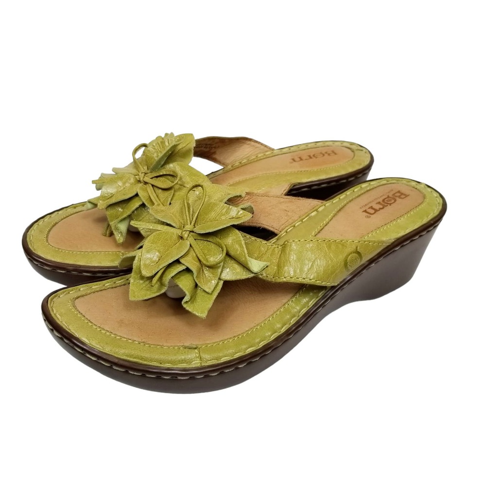 Born Lime Green Leather Floral Wedge Sandals